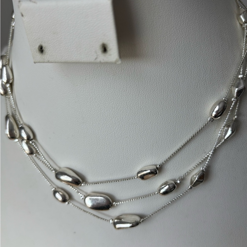 3 Strand Necklace with Oval Silver Tone Beads/ Twisted chain/ Measures 16 + 3 in